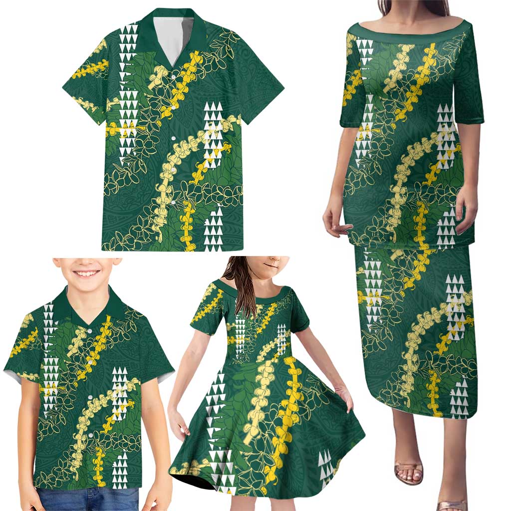Hawaii Aloha Kakau Family Matching Puletasi and Hawaiian Shirt Green Puakenikeni and Maile Lei Twist LT7 - Polynesian Pride