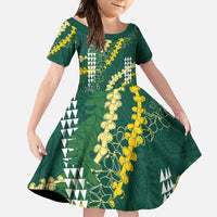 Hawaii Aloha Kakau Family Matching Short Sleeve Bodycon Dress and Hawaiian Shirt Green Puakenikeni and Maile Lei Twist LT7 Daughter's Dress Green - Polynesian Pride