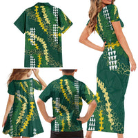 Hawaii Aloha Kakau Family Matching Short Sleeve Bodycon Dress and Hawaiian Shirt Green Puakenikeni and Maile Lei Twist LT7 - Polynesian Pride