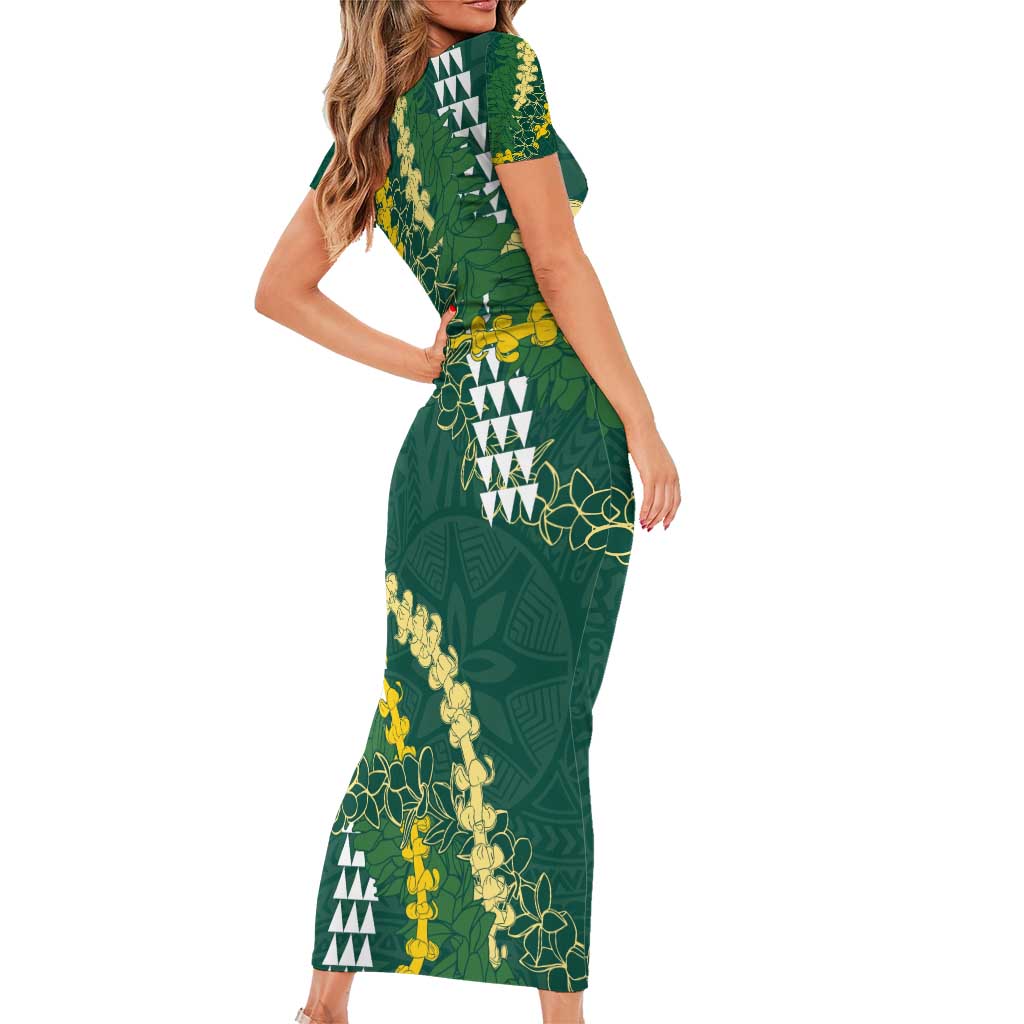 Hawaii Aloha Kakau Family Matching Short Sleeve Bodycon Dress and Hawaiian Shirt Green Puakenikeni and Maile Lei Twist LT7 - Polynesian Pride