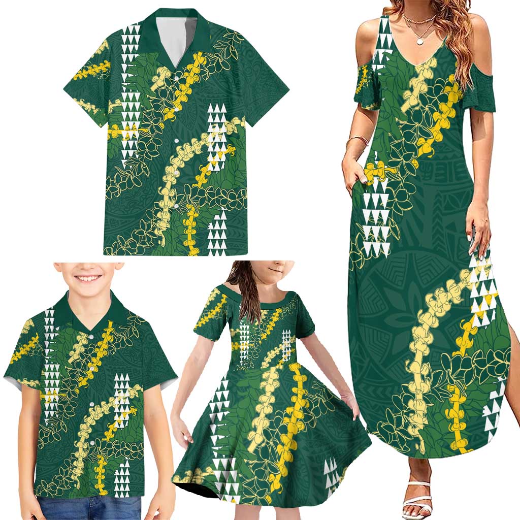 Hawaii Aloha Kakau Family Matching Summer Maxi Dress and Hawaiian Shirt Green Puakenikeni and Maile Lei Twist LT7 - Polynesian Pride