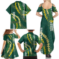 Hawaii Aloha Kakau Family Matching Summer Maxi Dress and Hawaiian Shirt Green Puakenikeni and Maile Lei Twist LT7 - Polynesian Pride