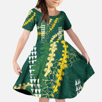 Hawaii Aloha Kakau Kid Short Sleeve Dress Green Puakenikeni and Maile Lei Twist LT7 KID Green - Polynesian Pride