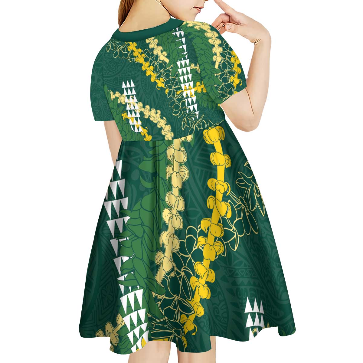 Hawaii Aloha Kakau Kid Short Sleeve Dress Green Puakenikeni and Maile Lei Twist LT7 - Polynesian Pride