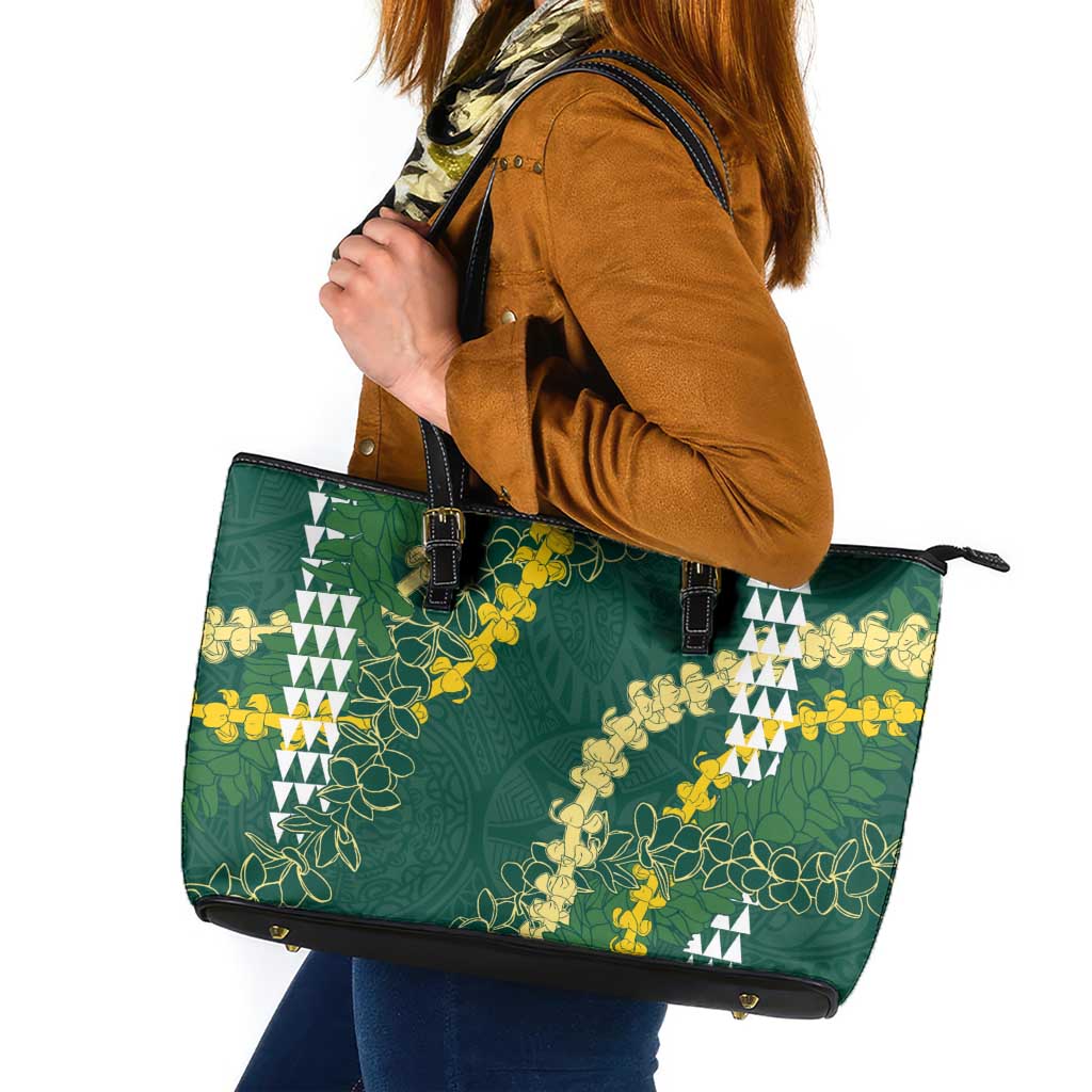 Hawaii Aloha Kakau Leather Tote Bag Green Puakenikeni and Maile Lei Twist LT7 Green - Polynesian Pride