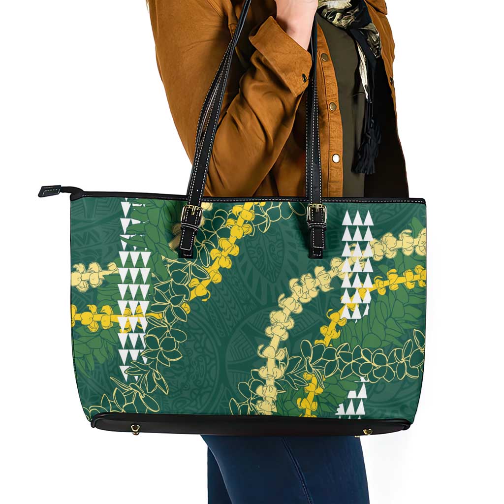 Hawaii Aloha Kakau Leather Tote Bag Green Puakenikeni and Maile Lei Twist LT7 - Polynesian Pride