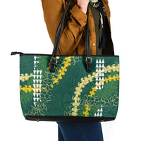 Hawaii Aloha Kakau Leather Tote Bag Green Puakenikeni and Maile Lei Twist LT7 - Polynesian Pride