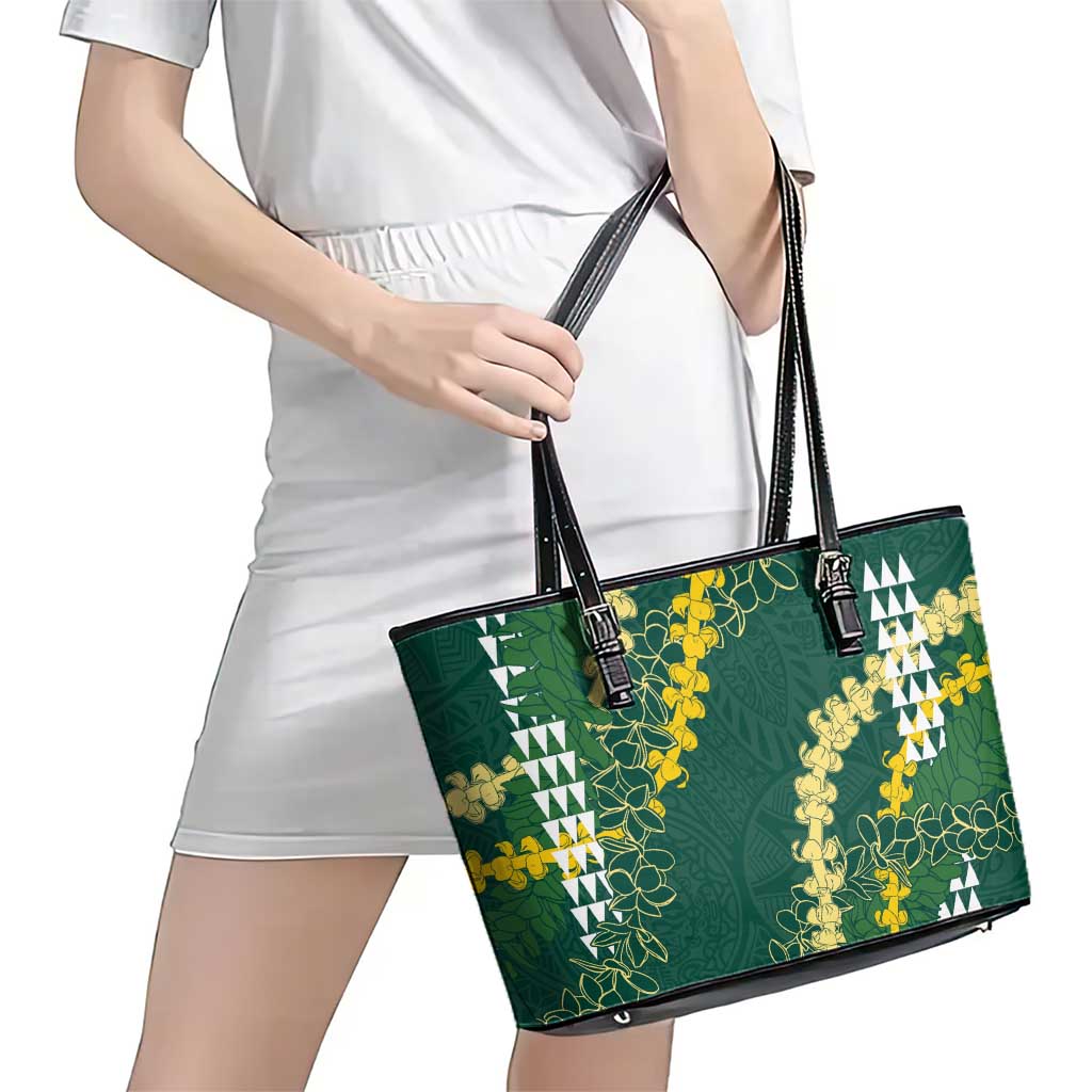 Hawaii Aloha Kakau Leather Tote Bag Green Puakenikeni and Maile Lei Twist LT7 - Polynesian Pride
