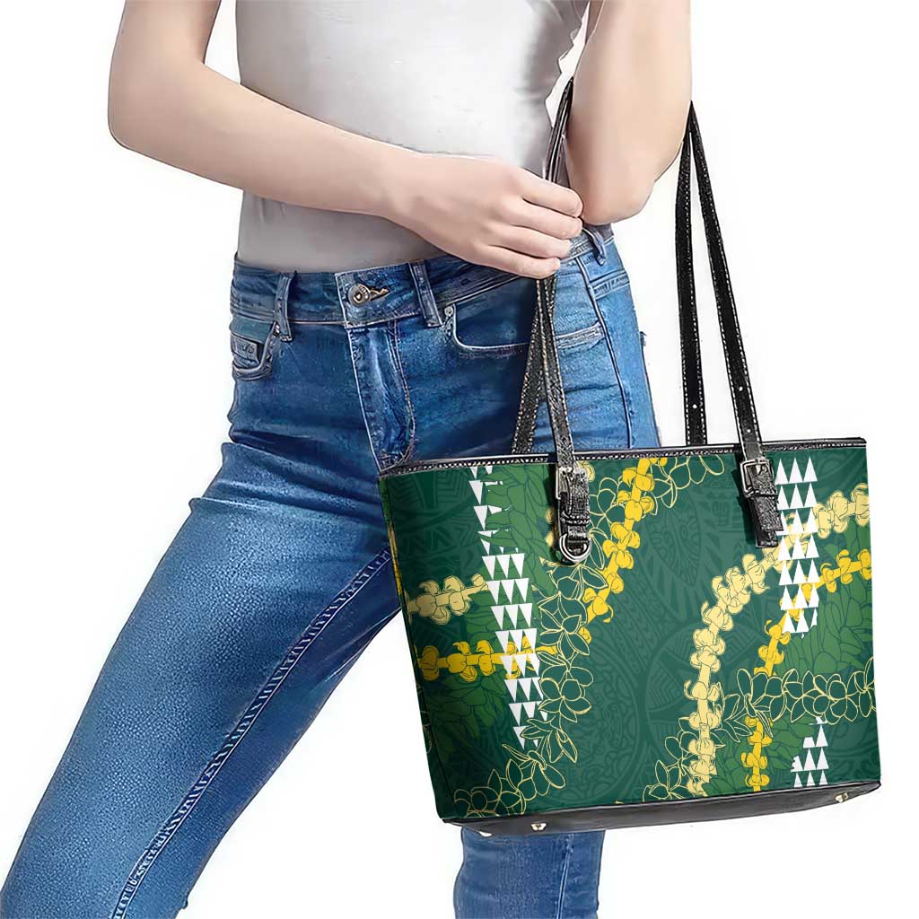 Hawaii Aloha Kakau Leather Tote Bag Green Puakenikeni and Maile Lei Twist LT7 - Polynesian Pride