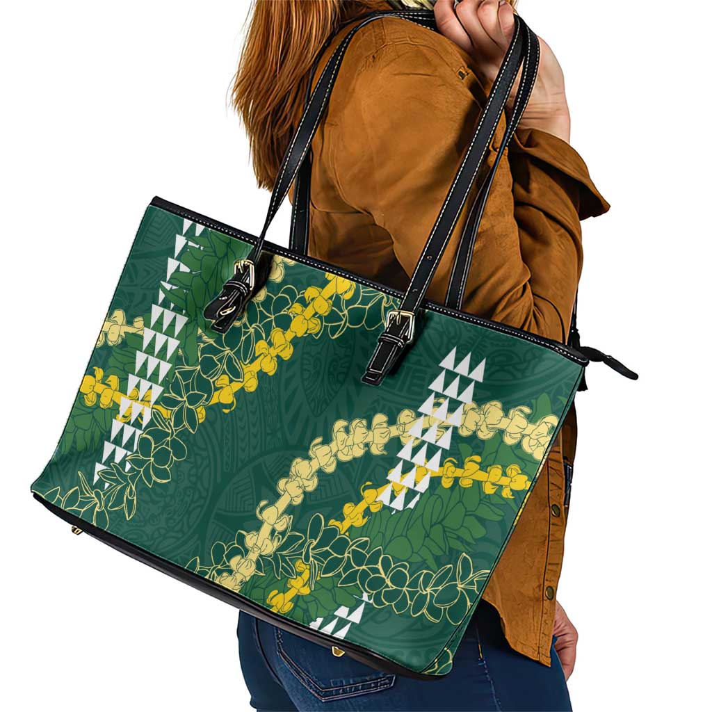 Hawaii Aloha Kakau Leather Tote Bag Green Puakenikeni and Maile Lei Twist LT7 - Polynesian Pride