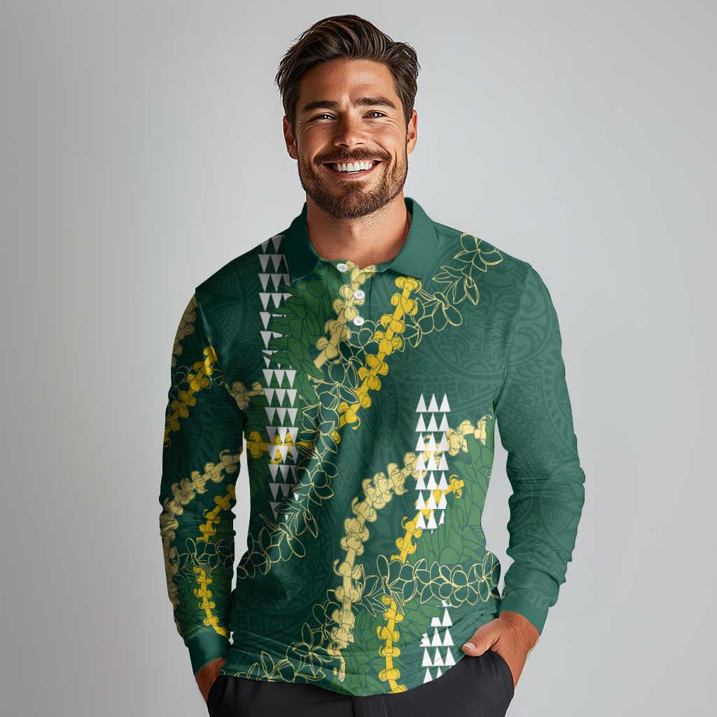 Hawaii Aloha Kakau Long Sleeve Polo Shirt Green Puakenikeni and Maile Lei Twist LT7 - Polynesian Pride