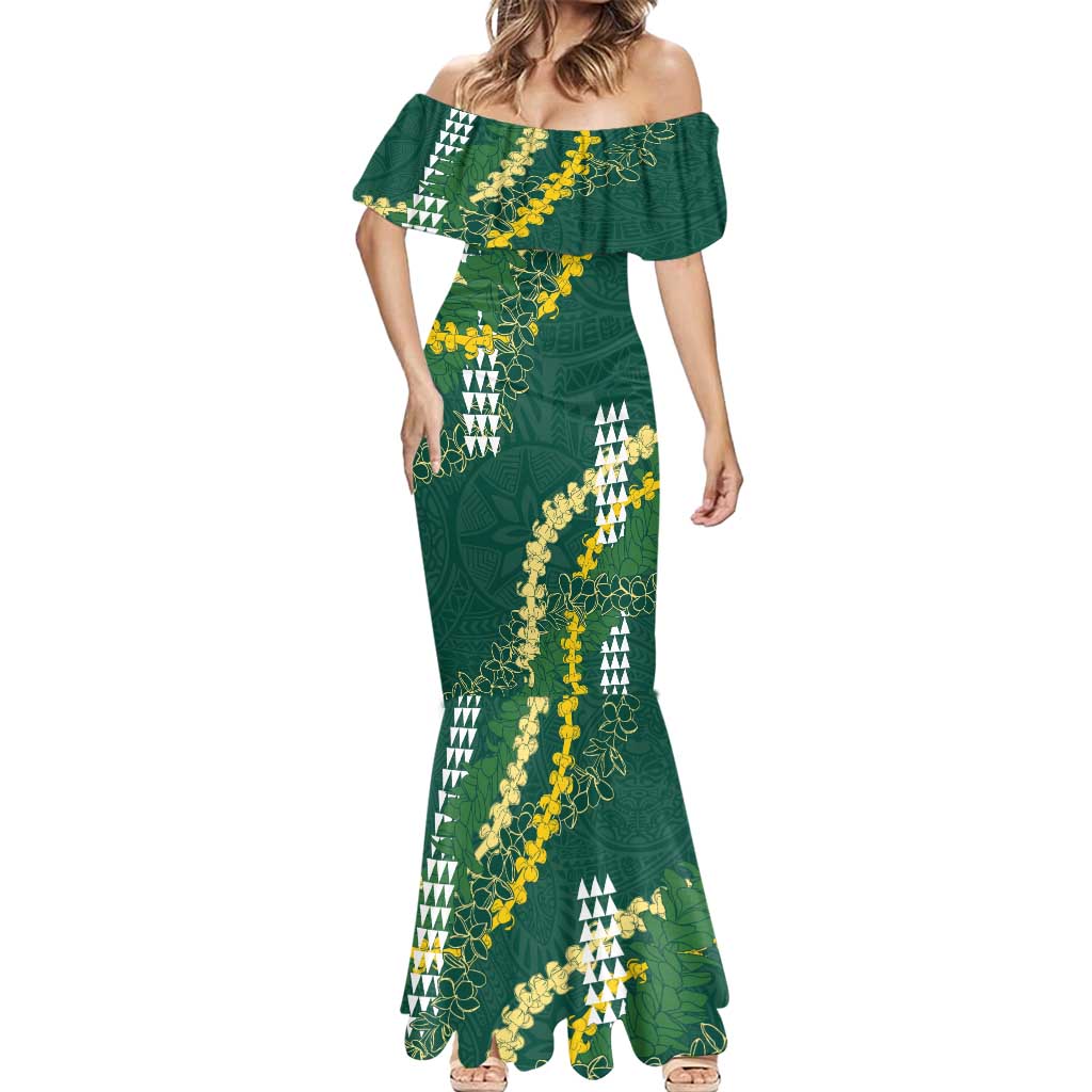 Hawaii Aloha Kakau Mermaid Dress Green Puakenikeni and Maile Lei Twist LT7 - Polynesian Pride