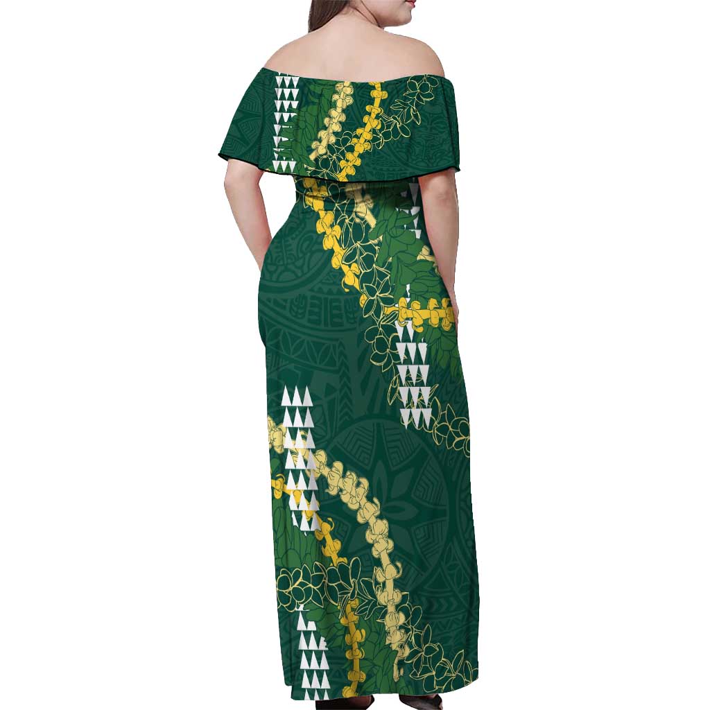 Hawaii Aloha Kakau Off Shoulder Maxi Dress Green Puakenikeni and Maile Lei Twist LT7 - Polynesian Pride