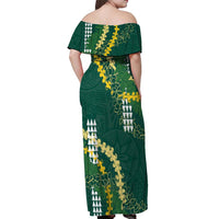 Hawaii Aloha Kakau Off Shoulder Maxi Dress Green Puakenikeni and Maile Lei Twist LT7 - Polynesian Pride