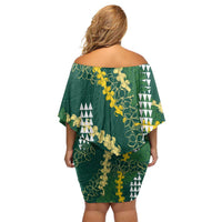 Hawaii Aloha Kakau Off Shoulder Short Dress Green Puakenikeni and Maile Lei Twist LT7 - Polynesian Pride