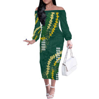 Hawaii Aloha Kakau Off The Shoulder Long Sleeve Dress Green Puakenikeni and Maile Lei Twist LT7 Women Green - Polynesian Pride