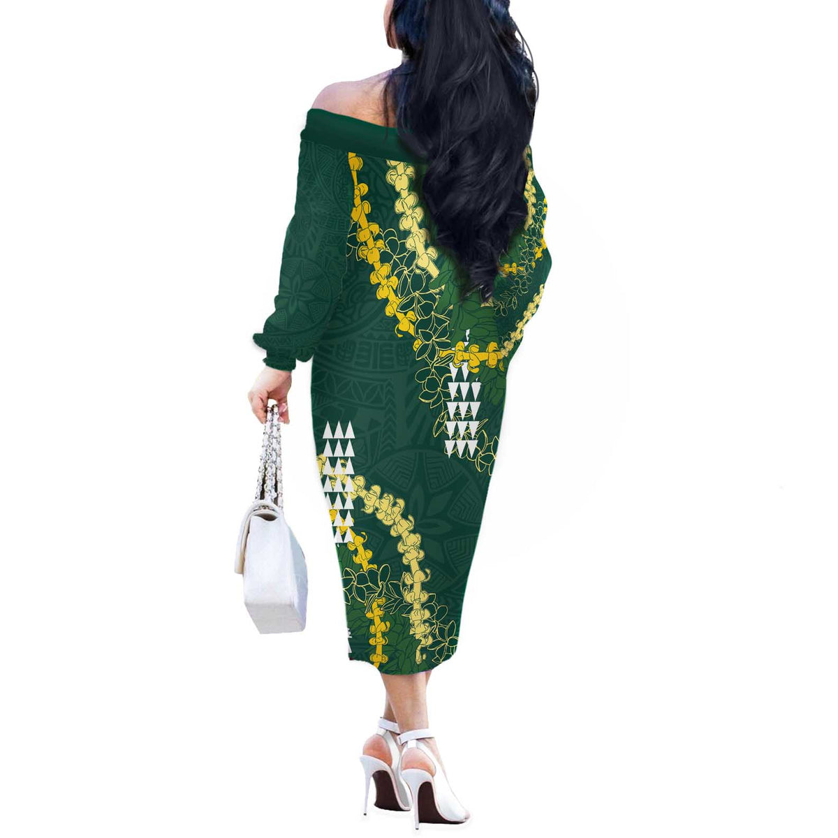 Hawaii Aloha Kakau Off The Shoulder Long Sleeve Dress Green Puakenikeni and Maile Lei Twist LT7 - Polynesian Pride