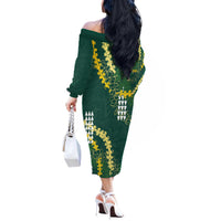 Hawaii Aloha Kakau Off The Shoulder Long Sleeve Dress Green Puakenikeni and Maile Lei Twist LT7 - Polynesian Pride