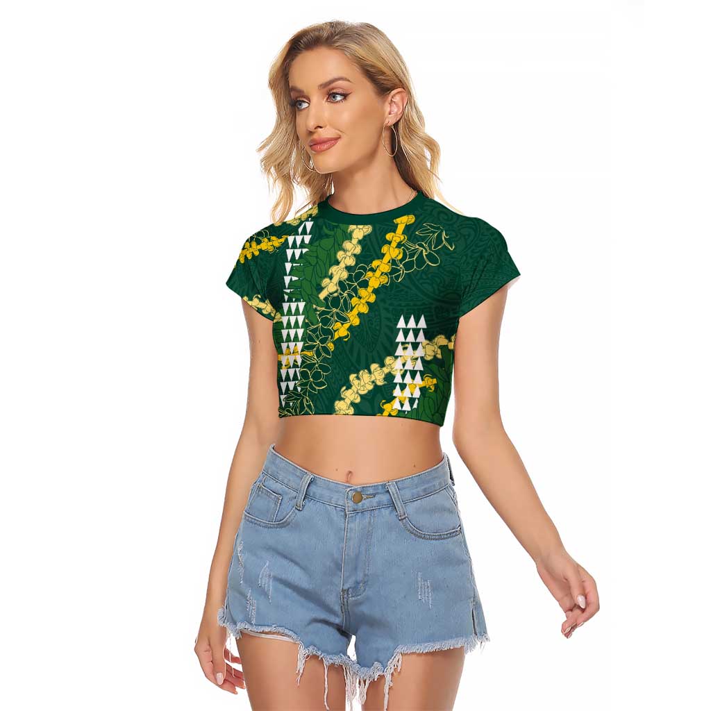 Hawaii Aloha Kakau Raglan Cropped T Shirt Green Puakenikeni and Maile Lei Twist LT7 Female Green - Polynesian Pride