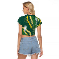 Hawaii Aloha Kakau Raglan Cropped T Shirt Green Puakenikeni and Maile Lei Twist LT7 - Polynesian Pride