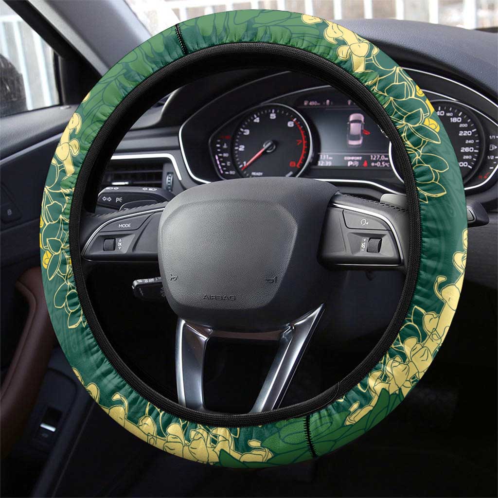 Hawaii Aloha Kakau Steering Wheel Cover Green Puakenikeni and Maile Lei Twist LT7 - Polynesian Pride
