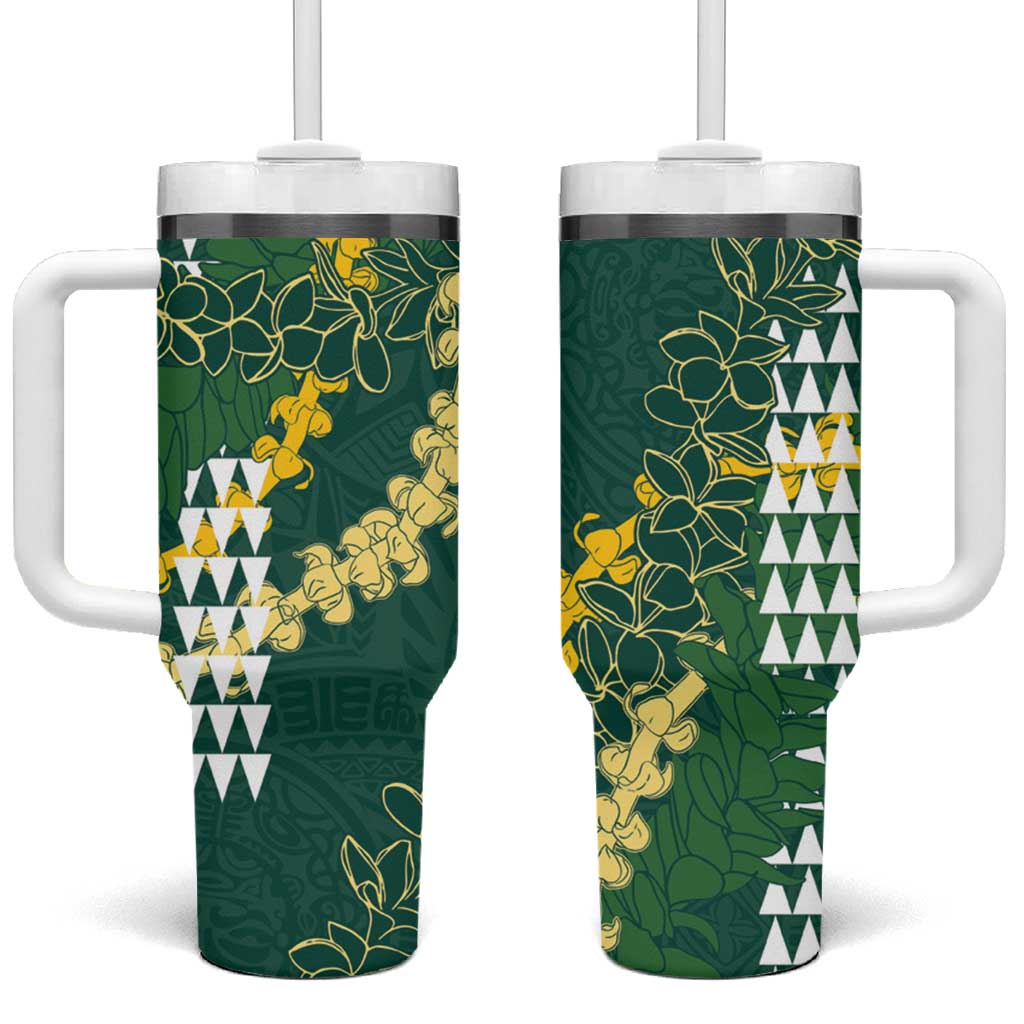 Hawaii Aloha Kakau Tumbler With Handle Green Puakenikeni and Maile Lei Twist LT7 One Size: 40 oz Green - Polynesian Pride