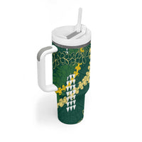 Hawaii Aloha Kakau Tumbler With Handle Green Puakenikeni and Maile Lei Twist LT7 - Polynesian Pride