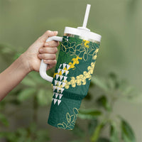 Hawaii Aloha Kakau Tumbler With Handle Green Puakenikeni and Maile Lei Twist LT7 - Polynesian Pride