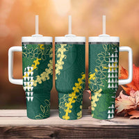 Hawaii Aloha Kakau Tumbler With Handle Green Puakenikeni and Maile Lei Twist LT7 - Polynesian Pride