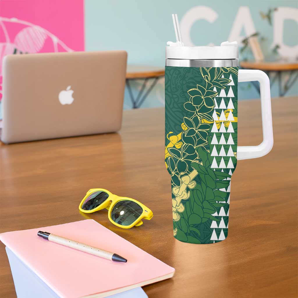 Hawaii Aloha Kakau Tumbler With Handle Green Puakenikeni and Maile Lei Twist LT7 - Polynesian Pride