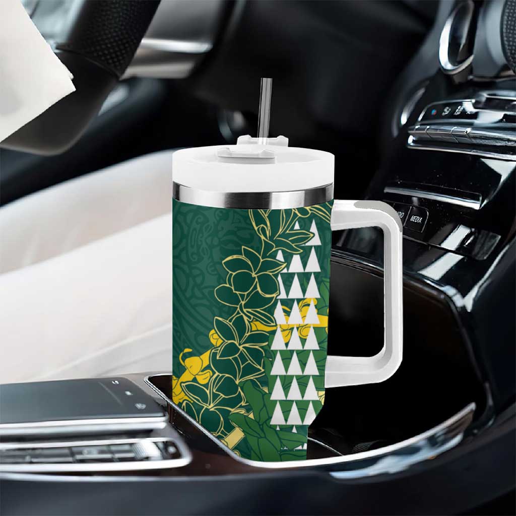 Hawaii Aloha Kakau Tumbler With Handle Green Puakenikeni and Maile Lei Twist LT7 - Polynesian Pride