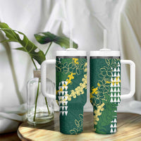 Hawaii Aloha Kakau Tumbler With Handle Green Puakenikeni and Maile Lei Twist LT7 - Polynesian Pride