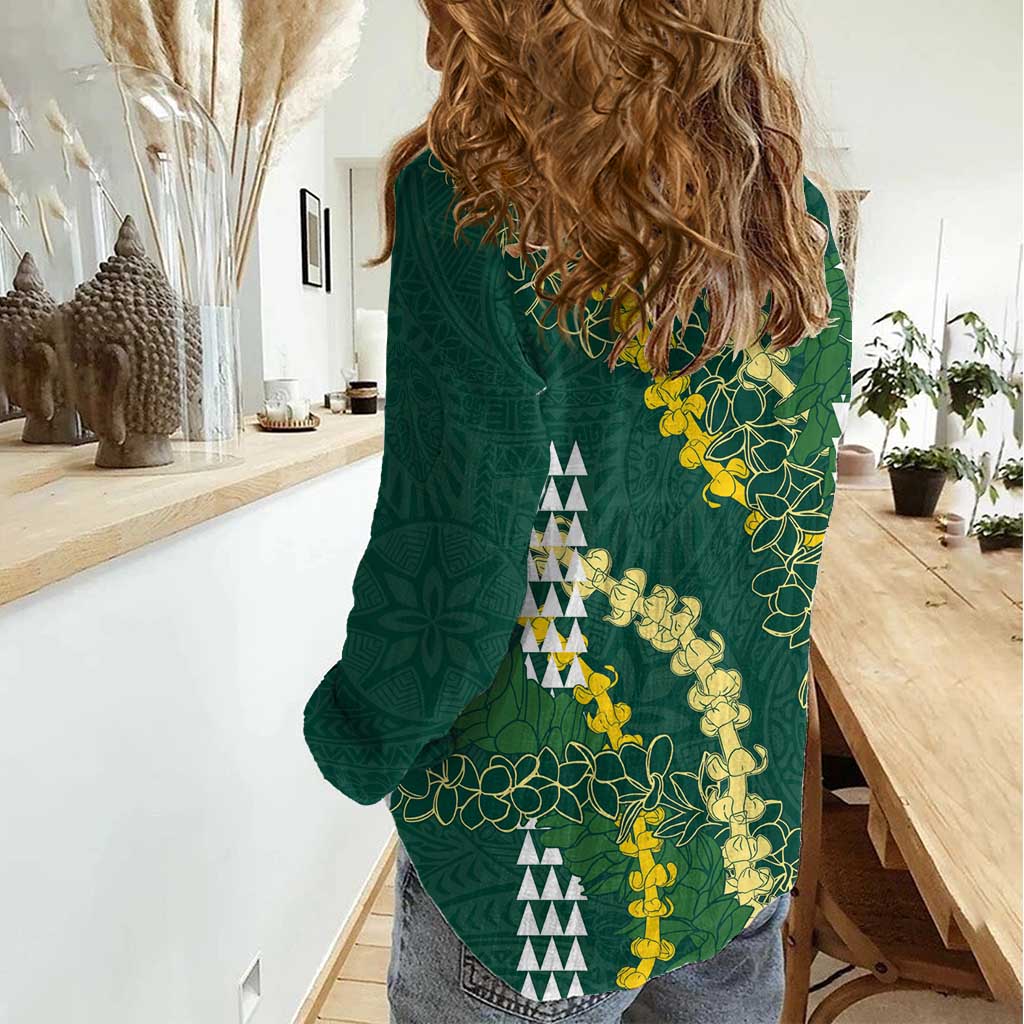 Hawaii Aloha Kakau Women Casual Shirt Green Puakenikeni and Maile Lei Twist LT7 - Polynesian Pride