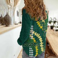 Hawaii Aloha Kakau Women Casual Shirt Green Puakenikeni and Maile Lei Twist LT7 - Polynesian Pride