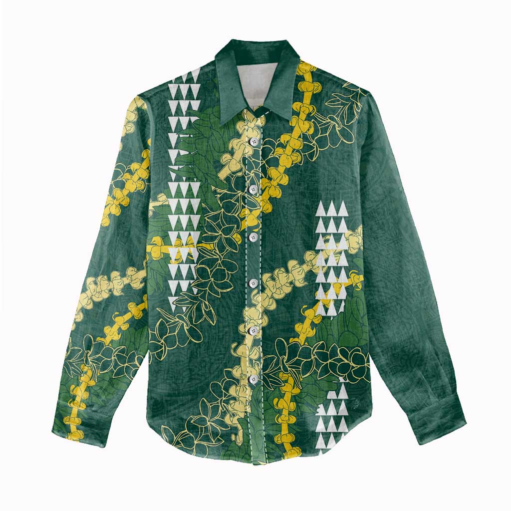 Hawaii Aloha Kakau Women Casual Shirt Green Puakenikeni and Maile Lei Twist LT7 - Polynesian Pride