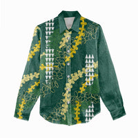 Hawaii Aloha Kakau Women Casual Shirt Green Puakenikeni and Maile Lei Twist LT7 - Polynesian Pride