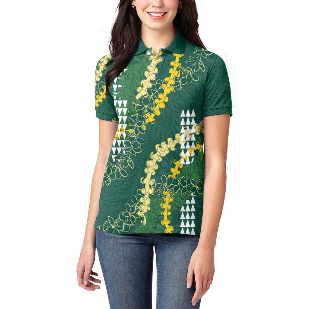 Hawaii Aloha Kakau Women Polo Shirt Green Puakenikeni and Maile Lei Twist LT7 - Polynesian Pride