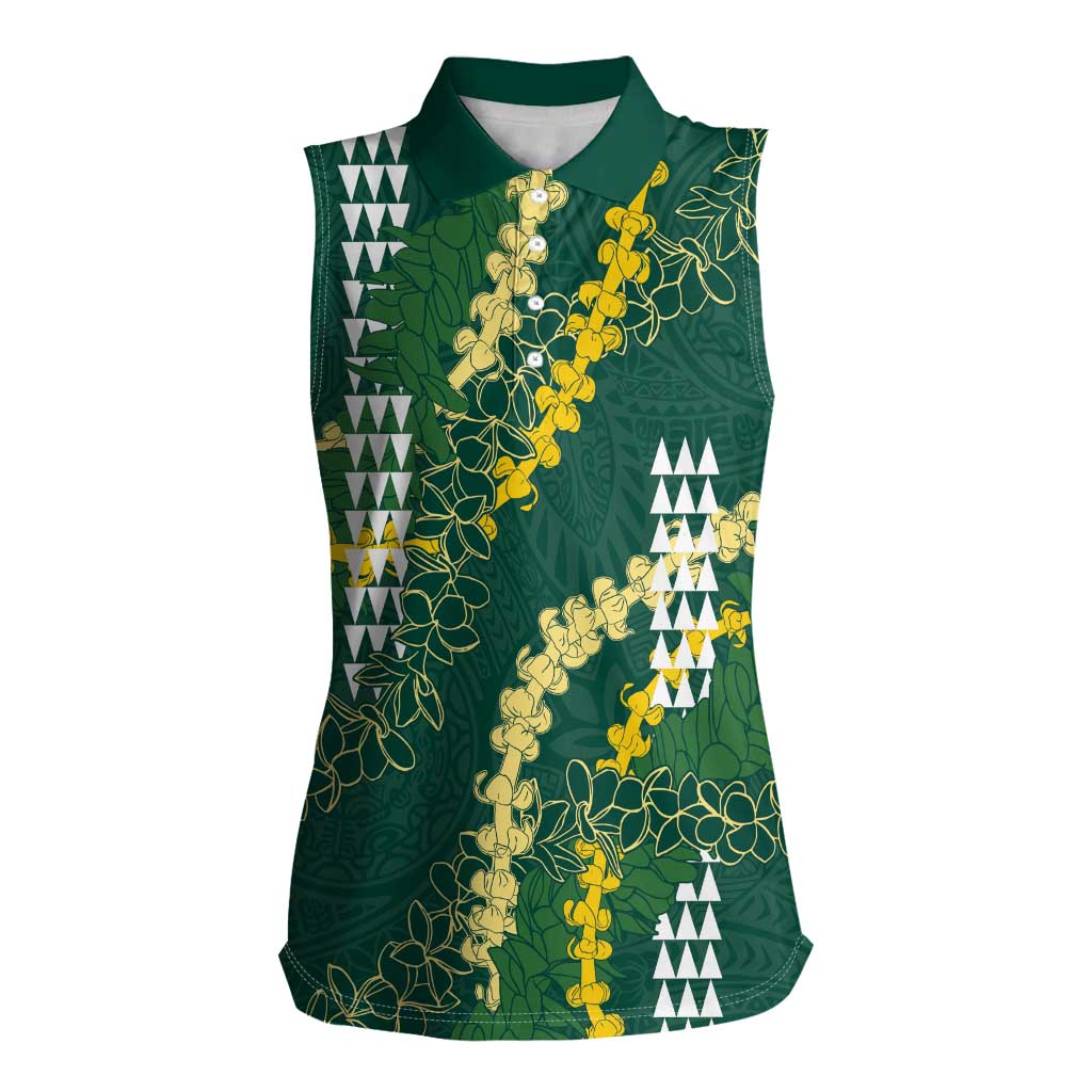 Hawaii Aloha Kakau Women Sleeveless Polo Shirt Green Puakenikeni and Maile Lei Twist LT7 Female Green - Polynesian Pride