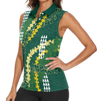 Hawaii Aloha Kakau Women Sleeveless Polo Shirt Green Puakenikeni and Maile Lei Twist LT7 - Polynesian Pride