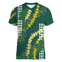 Hawaii Aloha Kakau Women V-Neck T-Shirt Green Puakenikeni and Maile Lei Twist LT7 Female Green - Polynesian Pride