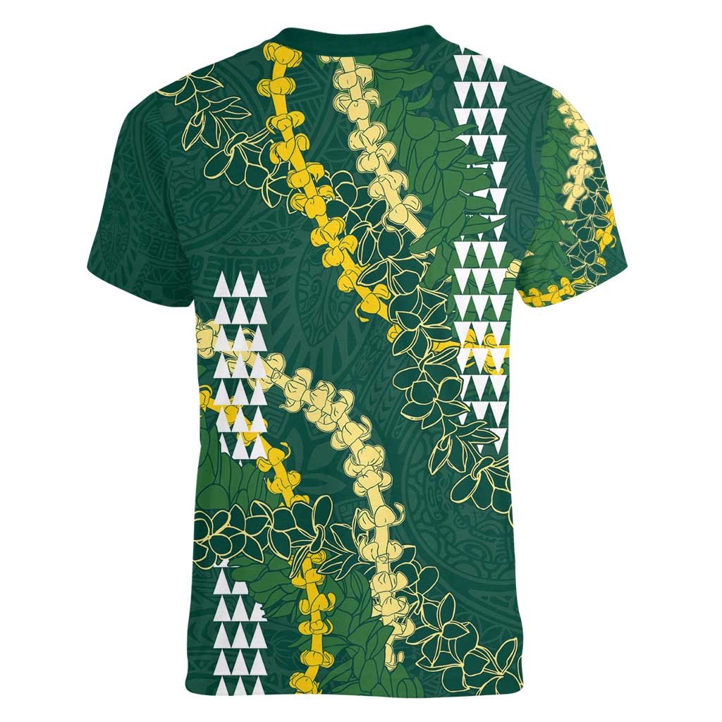 Hawaii Aloha Kakau Women V-Neck T-Shirt Green Puakenikeni and Maile Lei Twist LT7 - Polynesian Pride