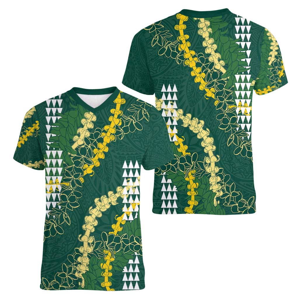 Hawaii Aloha Kakau Women V-Neck T-Shirt Green Puakenikeni and Maile Lei Twist LT7 - Polynesian Pride