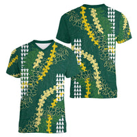 Hawaii Aloha Kakau Women V-Neck T-Shirt Green Puakenikeni and Maile Lei Twist LT7 - Polynesian Pride