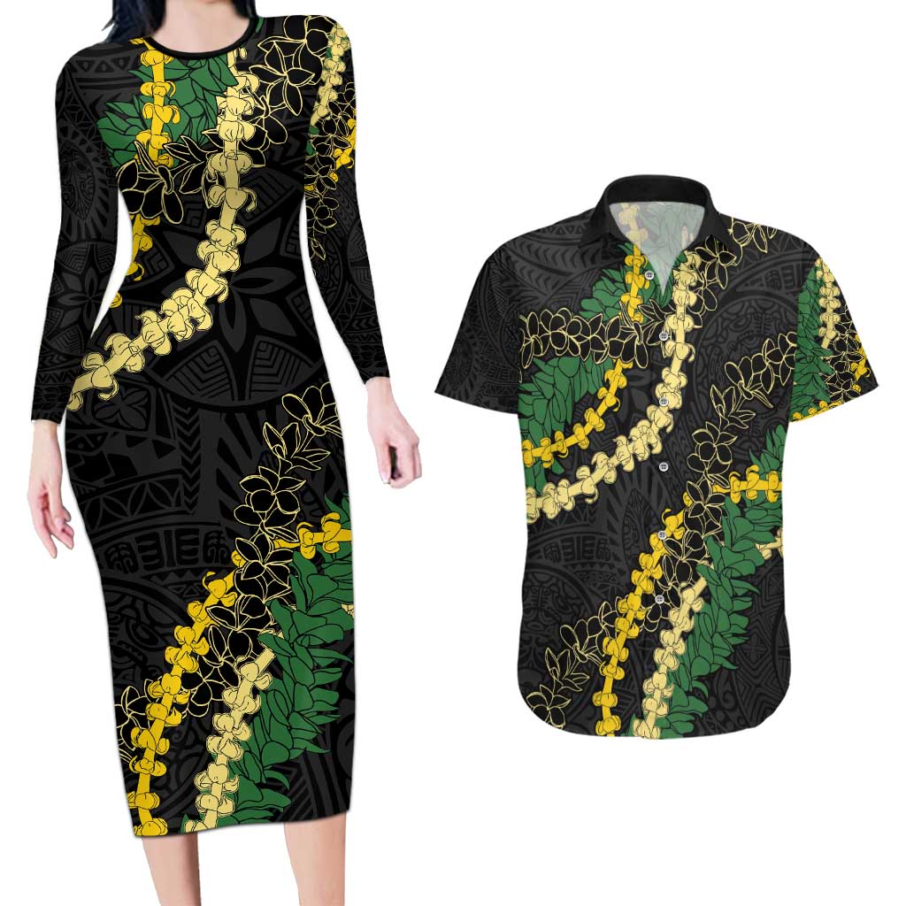 Hawaii Puakenikeni - Maile Lei Couples Matching Long Sleeve Bodycon Dress and Hawaiian Shirt Obsidian Black LT7 Black - Polynesian Pride