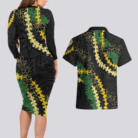 Hawaii Puakenikeni - Maile Lei Couples Matching Long Sleeve Bodycon Dress and Hawaiian Shirt Obsidian Black LT7 - Polynesian Pride