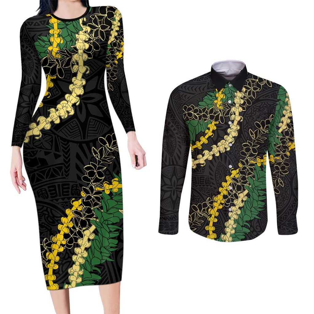 Hawaii Puakenikeni - Maile Lei Couples Matching Long Sleeve Bodycon Dress and Long Sleeve Button Shirt Obsidian Black LT7 Black - Polynesian Pride