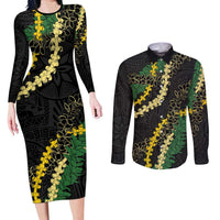 Hawaii Puakenikeni - Maile Lei Couples Matching Long Sleeve Bodycon Dress and Long Sleeve Button Shirt Obsidian Black LT7 Black - Polynesian Pride