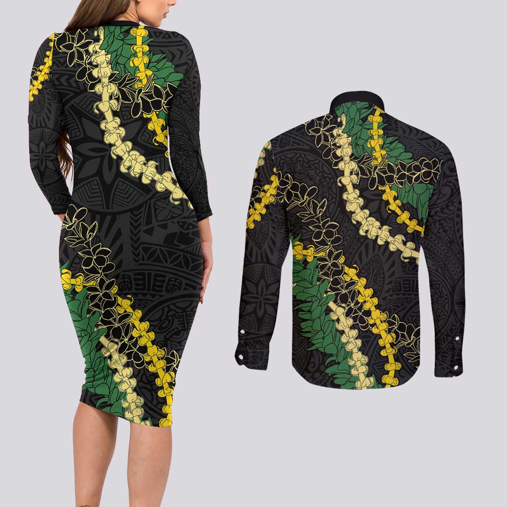 Hawaii Puakenikeni - Maile Lei Couples Matching Long Sleeve Bodycon Dress and Long Sleeve Button Shirt Obsidian Black LT7 - Polynesian Pride