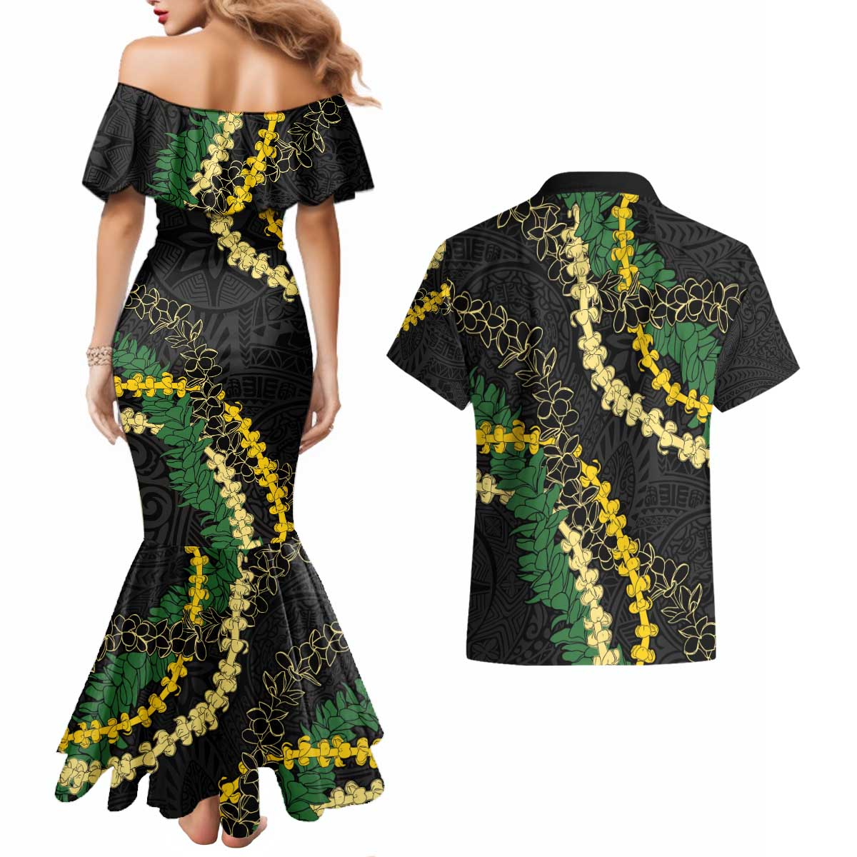 Hawaii Puakenikeni - Maile Lei Couples Matching Mermaid Dress and Hawaiian Shirt Obsidian Black LT7 - Polynesian Pride