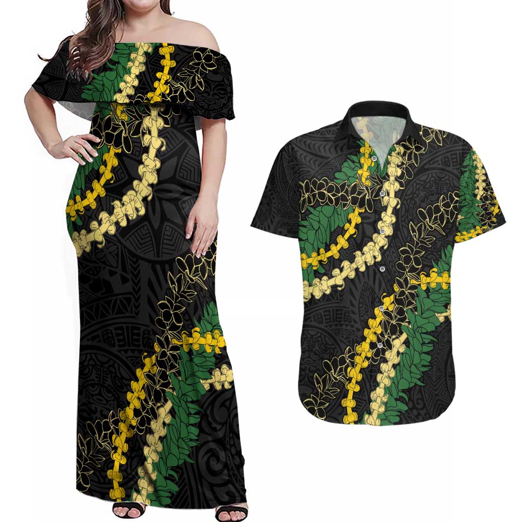 Hawaii Puakenikeni - Maile Lei Couples Matching Off Shoulder Maxi Dress and Hawaiian Shirt Obsidian Black LT7 Black - Polynesian Pride